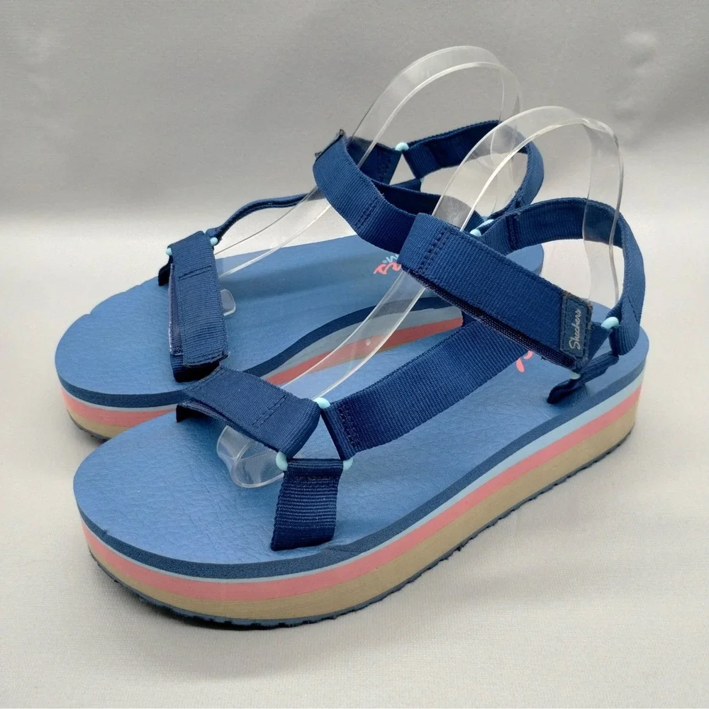 Skechers Yoga Foam Blue Striped Platform Strappy Sandals‎ Womens 10 Multi Color